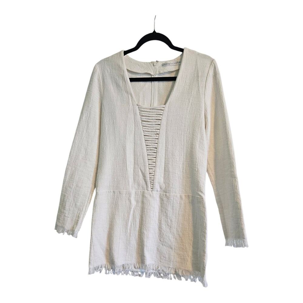 Ministry of Style White Linen Blend Dress SZ 4 Deep V-Neck Cord Detail Fray Hem